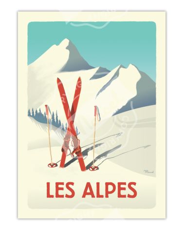 Affiche Marcel 30 x 40 cm - ALPES les skis rouges